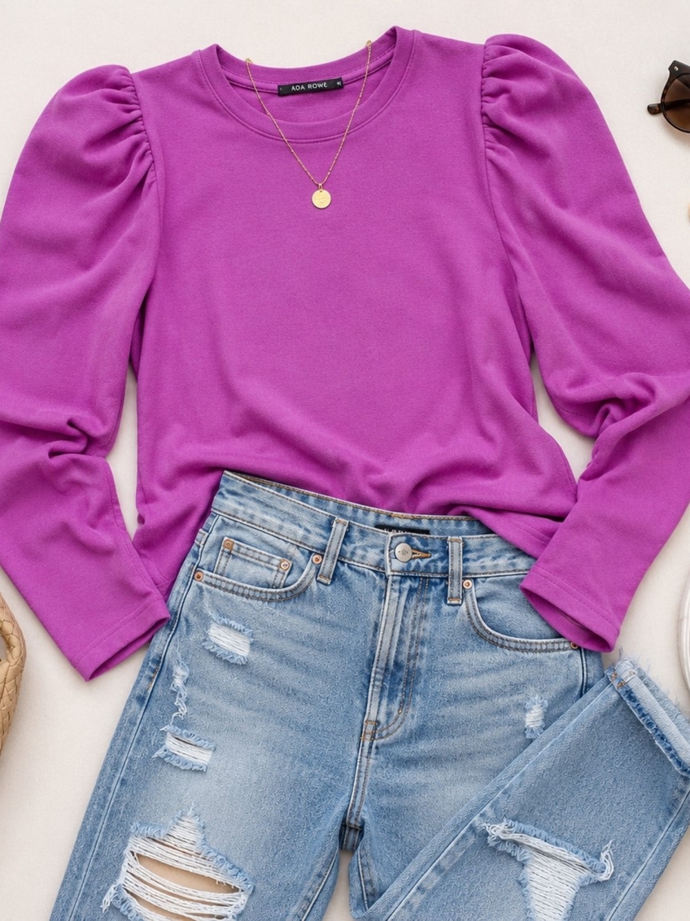 ZARA Puff Sleeve Knit Top Purple Long Sleeve Crew Neck Statement Shoulder Blouse - Picture 2 of 5